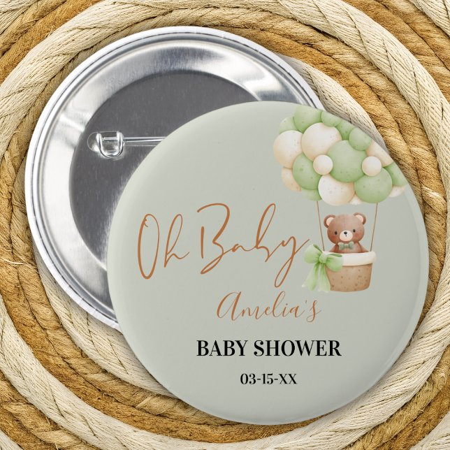 Neutral Green Teddy Bear Oh Baby Balloon  Button (Creator Uploaded)