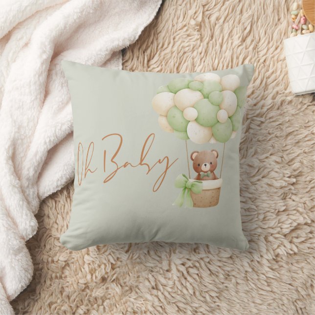 Neutral Green Teddy Bear Oh Baby Balloon  Throw Pillow (Blanket)