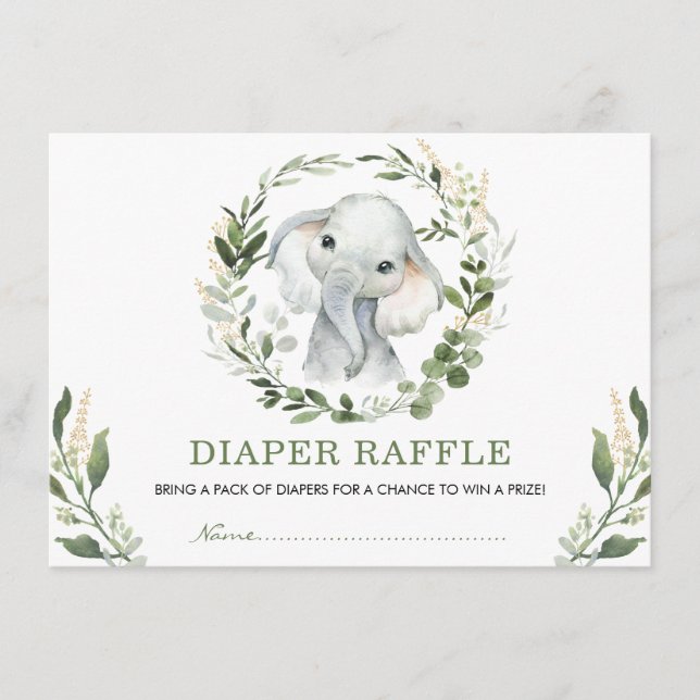 Neutral Greenery Gold Elephant Baby Diaper Raffle Enclosure Card (Front)