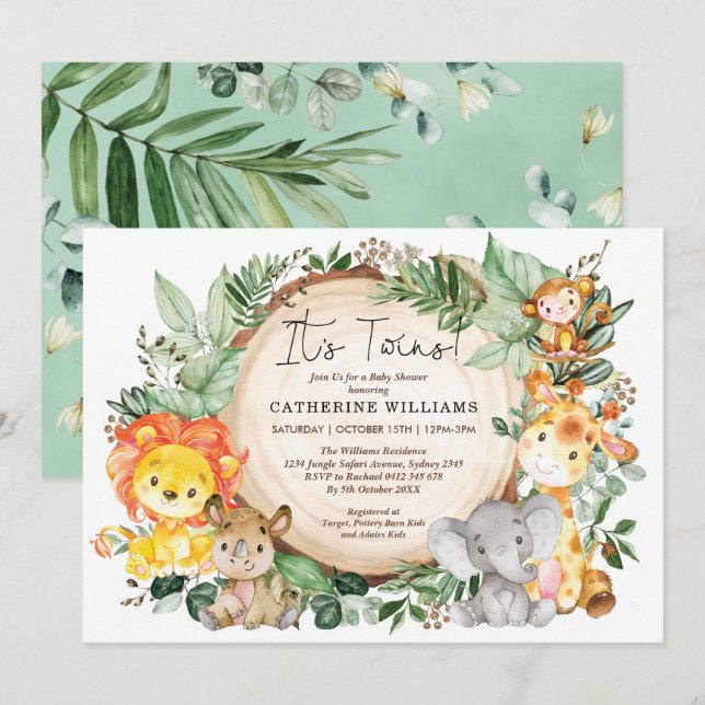 Neutral Greenery Jungle Animals Twins Baby Shower Invitation (Front/Back)