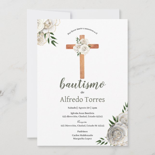 Neutral Greenery White Floral Baptism Invitation (Front)