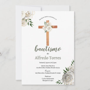 Neutral Greenery White Floral Baptism Invitation