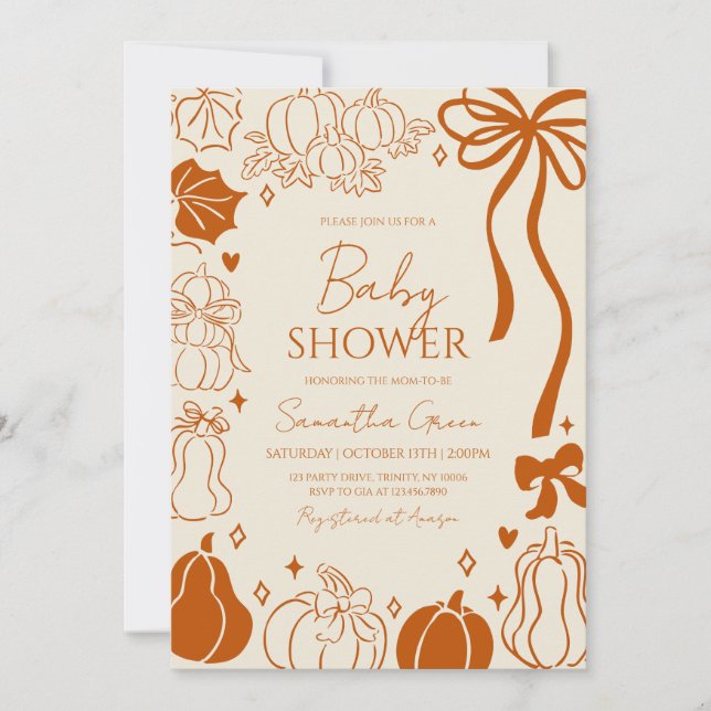 Neutral Hand-drawn Fall Pumpkin Baby Shower Invitation (Front)
