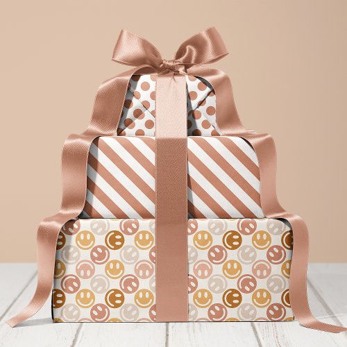 Neutral Happy Face Stripes And Polka Dot Wrapping Paper Sheets