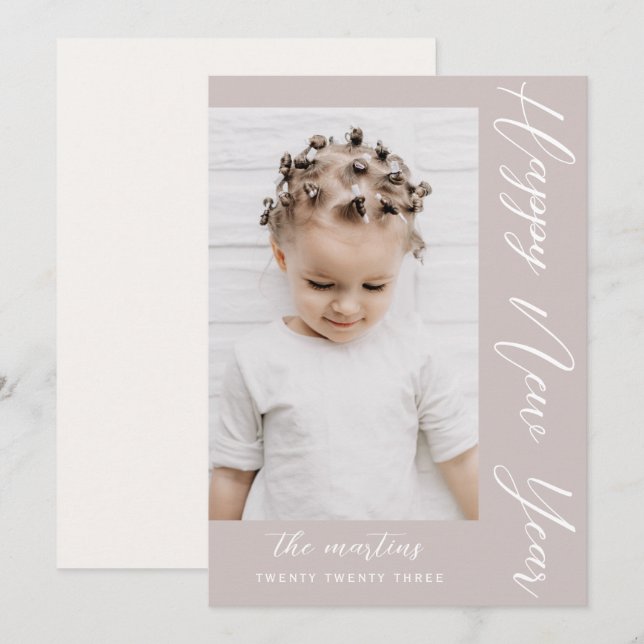 Neutral Happy New Year Photo Holiday Card (Front/Back)