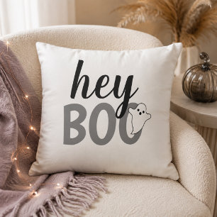 Neutral Hey Boo Gray Ghost Black White Throw Pillow