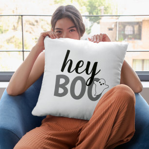 Neutral Hey Boo Gray Ghost Black White Throw Pillow