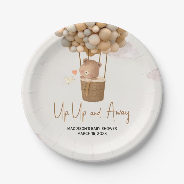 Neutral Hot Air Balloon Up and Away Baby Shower Paper Plates (Front)