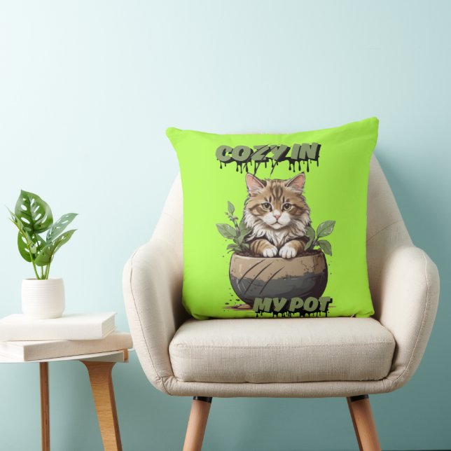Neutral Hues Playful Cat in Pot Throw Pillow (Chair)