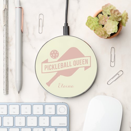 Neutral Ivory and Blush Pink Pickleball Queen  Wireless Charger
