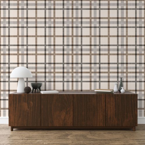 Neutral Ivory Beige Brown Plaid Squares Stripes Wallpaper