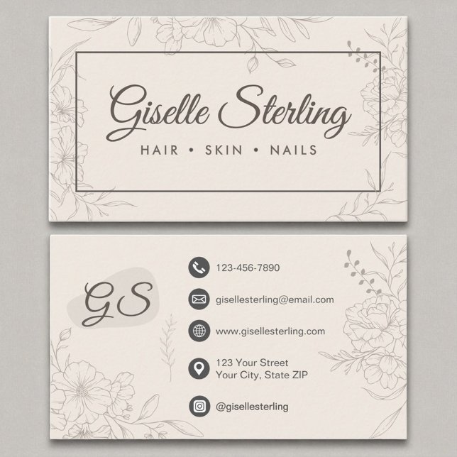 Neutral Ivory Floral Line Art Elegant Script Business Card (Creator Uploaded)