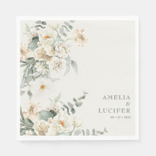 Neutral Ivory Floral Sage green Wedding Napkins