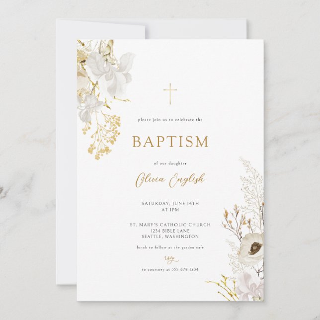 Neutral Ivory Gold Wildflower Baptism Invitation (Front)
