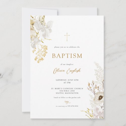 Neutral Ivory Gold Wildflower Baptism Invitation
