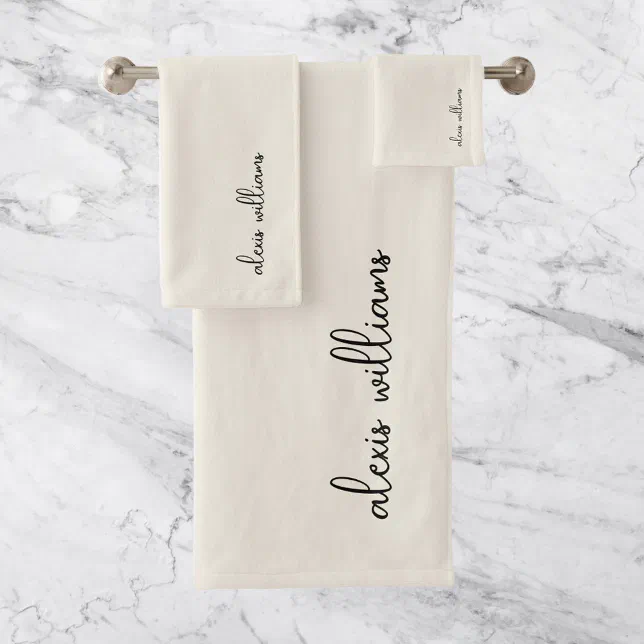 Neutral Ivory Minimalist Script Signature Monogram Bath Towel Set | Zazzle