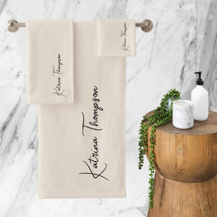 Neutral Ivory Modern Signature Script Monogram Bath Towel Set