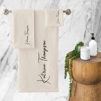 Neutral Ivory Modern Signature Script Monogram Bath Towel Set by idovedesign at Zazzle