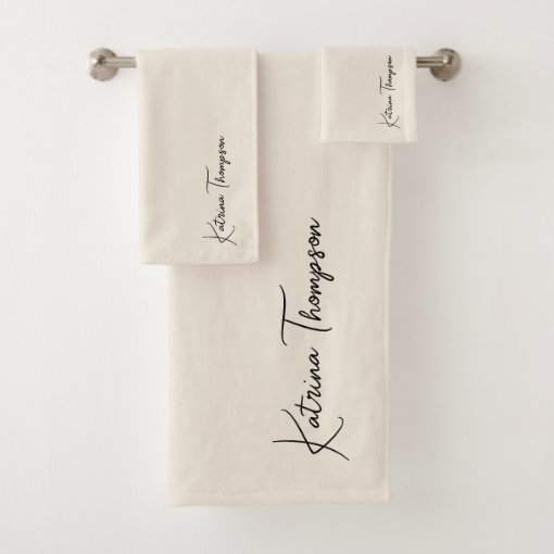Neutral Ivory Modern Signature Script Monogram Bath Towel Set | Zazzle