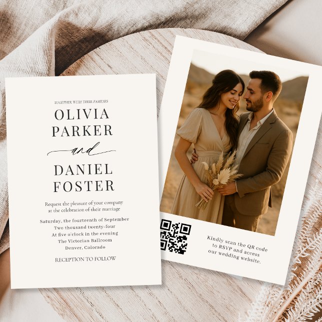 Neutral Ivory QR Code Photo Wedding Invitation (Creator Uploaded)
