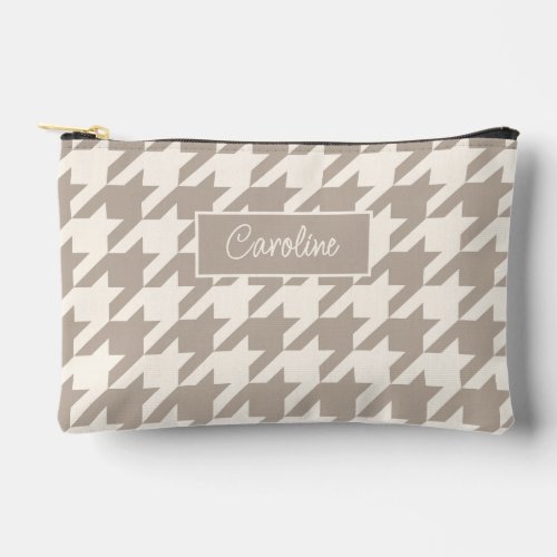 Neutral Ivory Taupe Beige Houndstooth Pattern Accessory Pouch