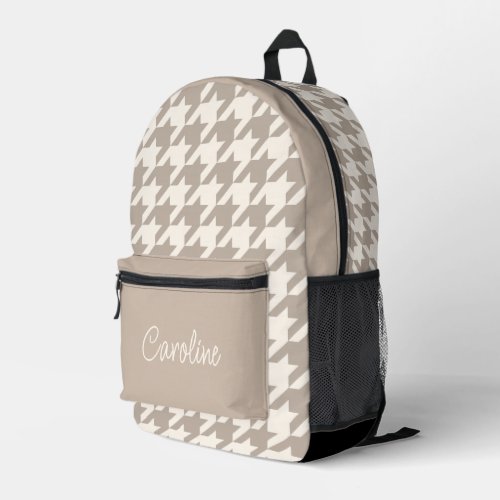 Neutral Ivory Taupe Beige Houndstooth Pattern Printed Backpack