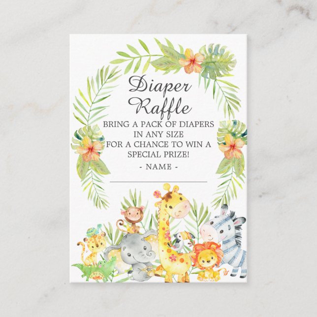 Neutral Jungle Animals Baby Shower Diaper Raffle Enclosure Card (Front)