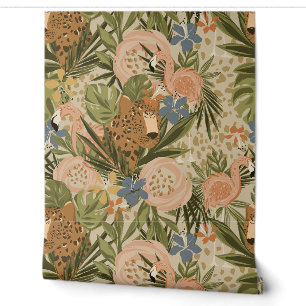 Neutral Jungle Cheetah and Flamingo Floral Wallpaper