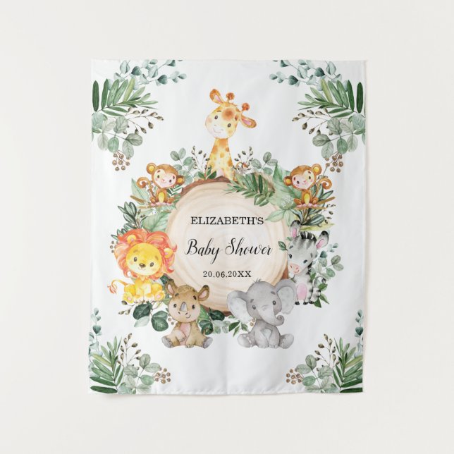 Neutral Jungle Safari Animals Baby Shower Wild One Tapestry (Front)