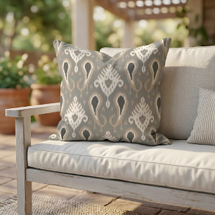 Neutral Light Brown Taupe Gray Ikat Tribal Art Outdoor Pillow
