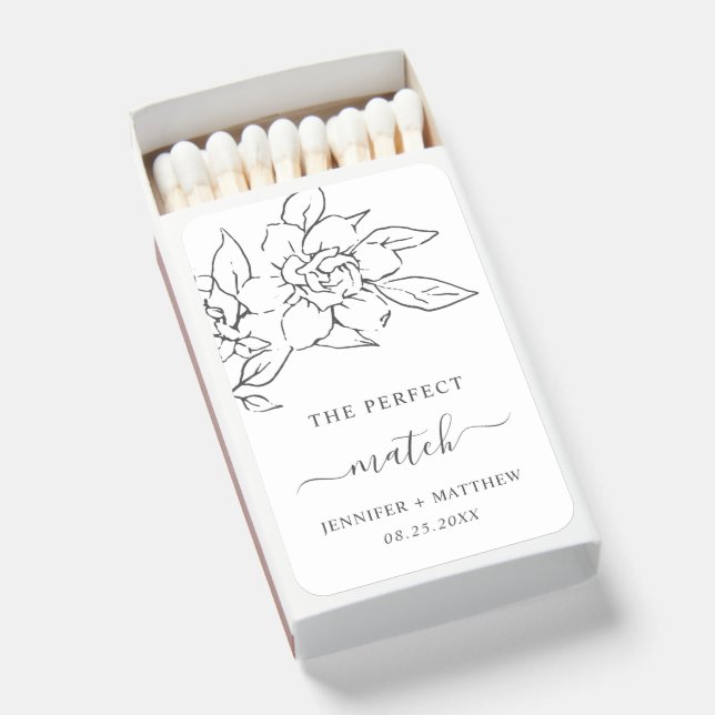 Neutral Line Art Floral Elegant Wedding Matchboxes (Front Open)