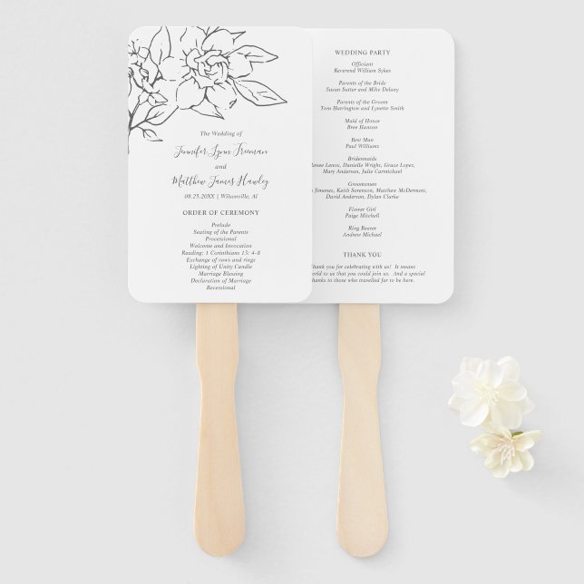 Neutral Line Art Floral Elegant Wedding Program Hand Fan (Front and Back)