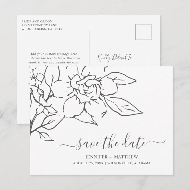 Neutral Line Art Floral Wedding Save the Date Announcement Postcard (Front/Back)
