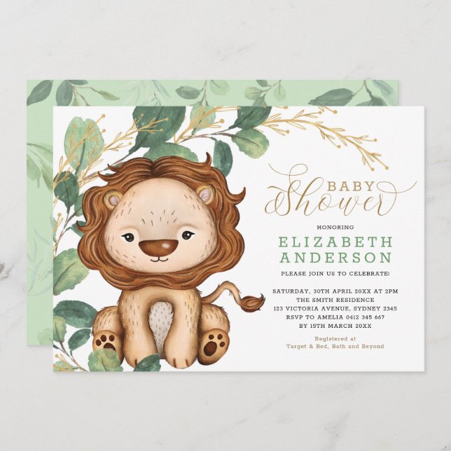 Neutral Lion Soft Greenery Gold Baby Shower Invitation (Front/Back)