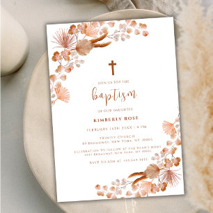 Neutral Little Wildflower Boho Cross Baptism Invitation
