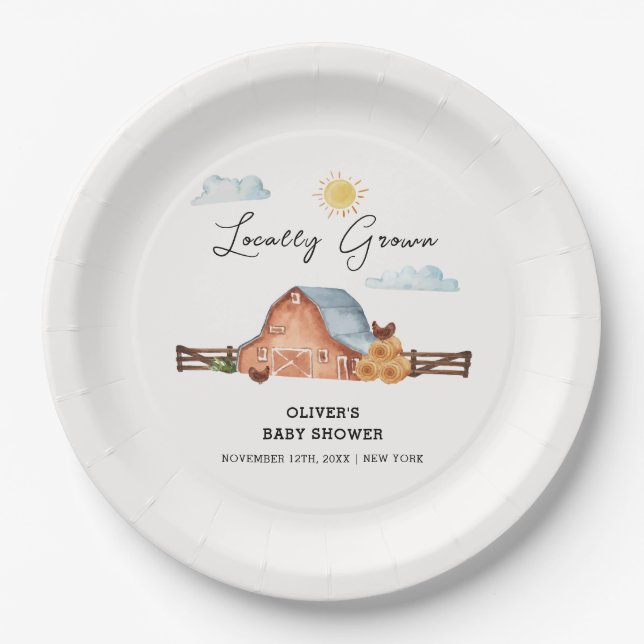 Neutral Locally Grown Farm Barn Baby Shower  Paper Plates (Front)