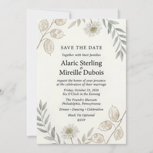 Neutral Lunaria & Wildflower Botanical Elegant Invitation