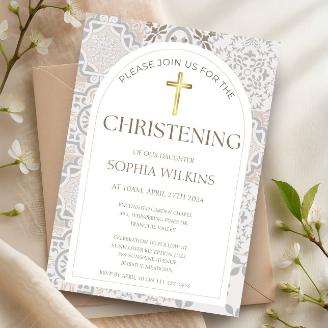 Neutral Mediterranean Positano Tiles Christening Invitation (Mediterranean Italian Positano Tiles Christening Invitation)