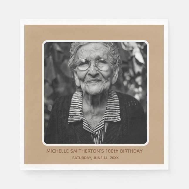 Neutral Milestone 100th Birthday Photo Napkins (Front)