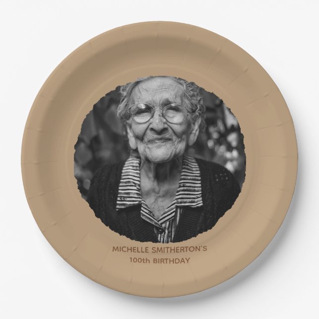 Neutral Milestone 100th Birthday Photo Paper Plates (Front)