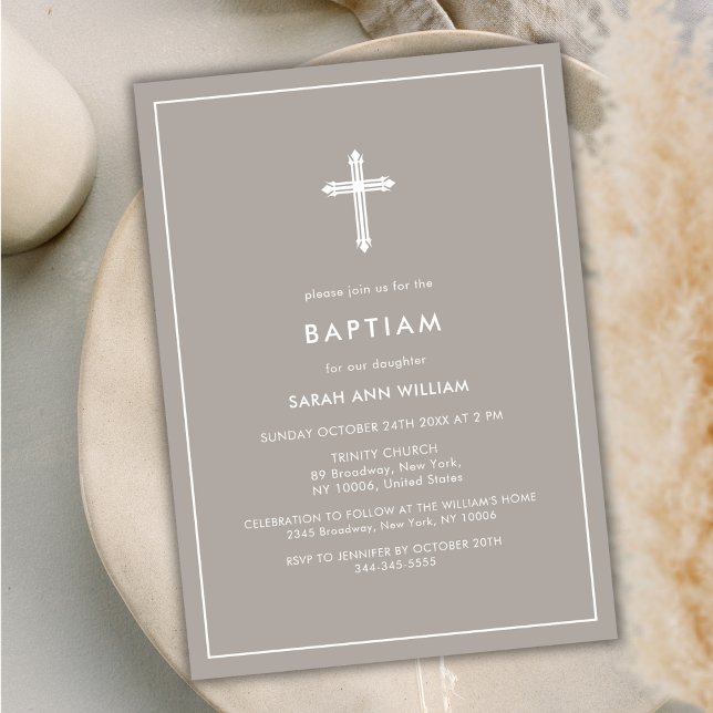 Neutral Minimal Typography Cross Frame Baptism Invitation (Neutral Minimal Typography Cross Frame Baptism Invitation)