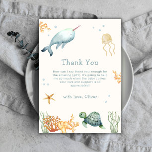 Neutral Minimal Under The Sea Whale Baby Shower Thank You Card