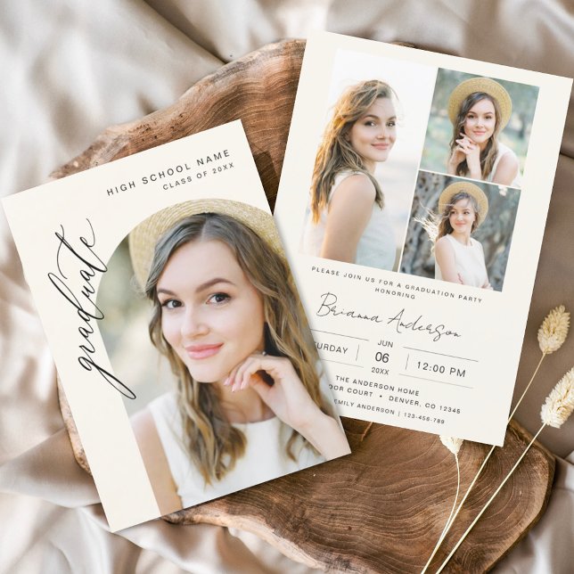 Neutral Minimalist Arch Photo Graduation Party Invitation (Creator Uploaded)