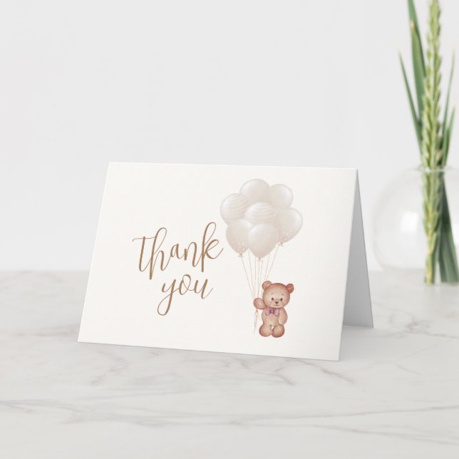 Neutral Minimalist Boho Bear Balloon Baby Shower  Thank You Card (Front)