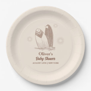 Neutral Minimalist Boho Surfboard Baby Shower Paper Plates