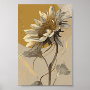 Neutral Minimalist Line Art Sunflower Poster