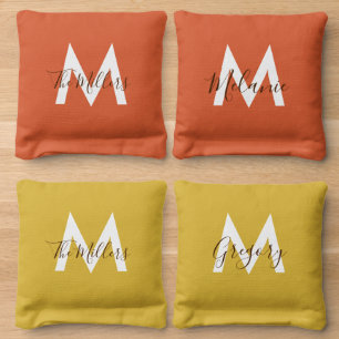 Neutral Minimalist modern orange monogram Cornhole Bags
