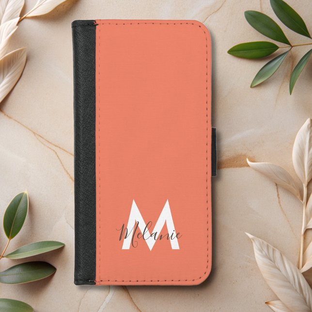 Neutral Minimalist modern orange monogram iPhone Wallet Case (Creator Uploaded)