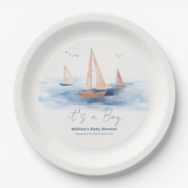 Neutral Minimalist Nautical Sailboat Baby Shower Paper Plates (Front)