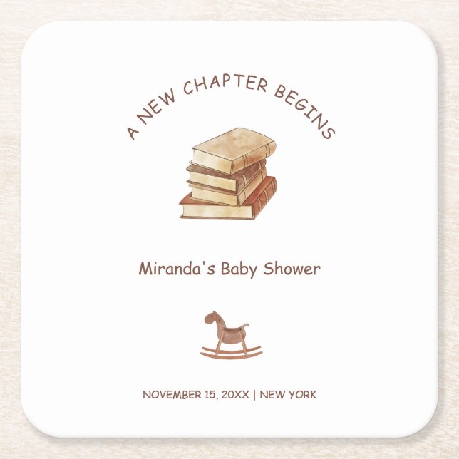 Neutral Minimalist New Chapter Book Baby Shower Square Paper Coaster (Front)